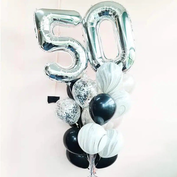 Customizable Birthday Balloon Bouquet: Silver 50 Numbers, Blue Chrome, White Marble, and Confetti Balloons for Any Age