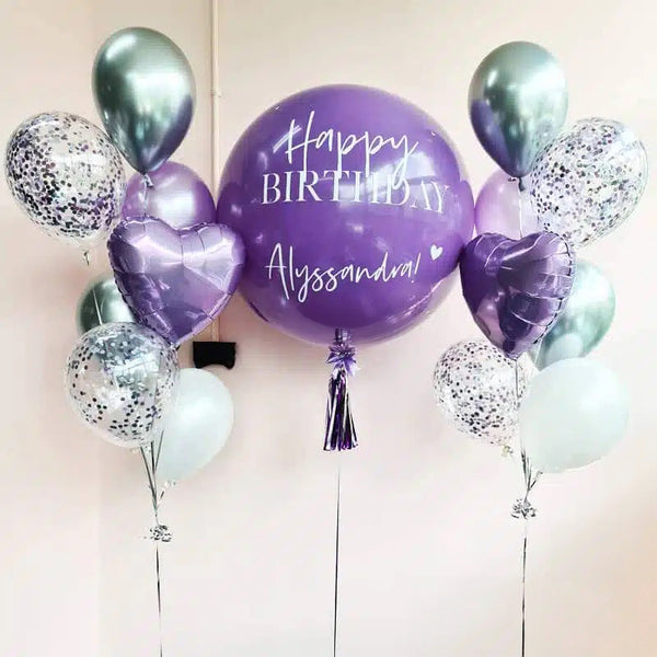 Customizable Purple Birthday Balloon Bouquet with Heart-Shaped Foil Balloon and Custom Message