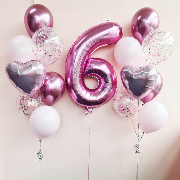 Customizable Pink Helium Balloon Bouquet with Confetti Balloons - 6th Birthday and Any Age