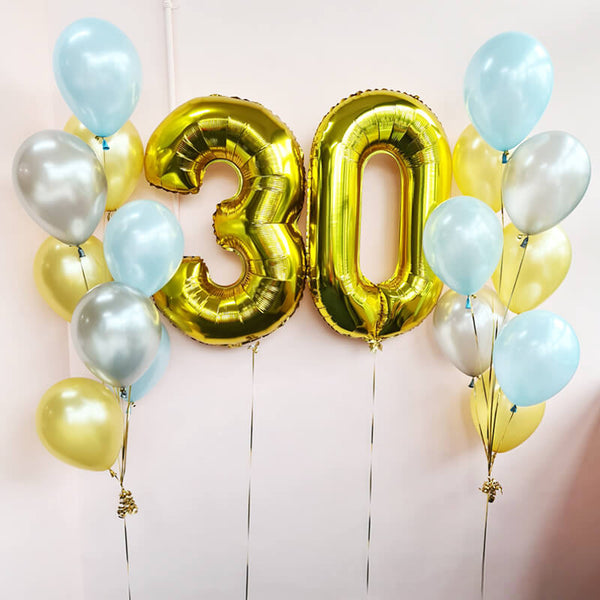 Customizable Gold Helium Balloon Bouquet with Confetti Balloons - Perfect for 30th Birthday and Any Age Celebrations