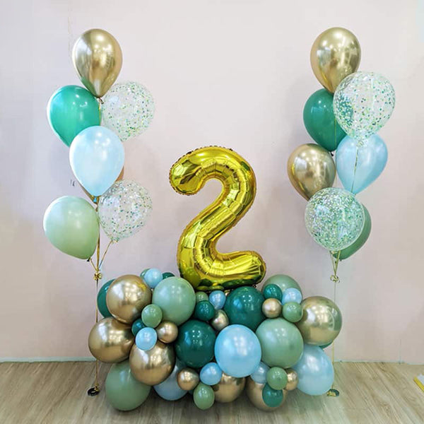 2nd Birthday Balloon Arrangements: Green and Gold with Helium Balloon Bouquet - Any Age